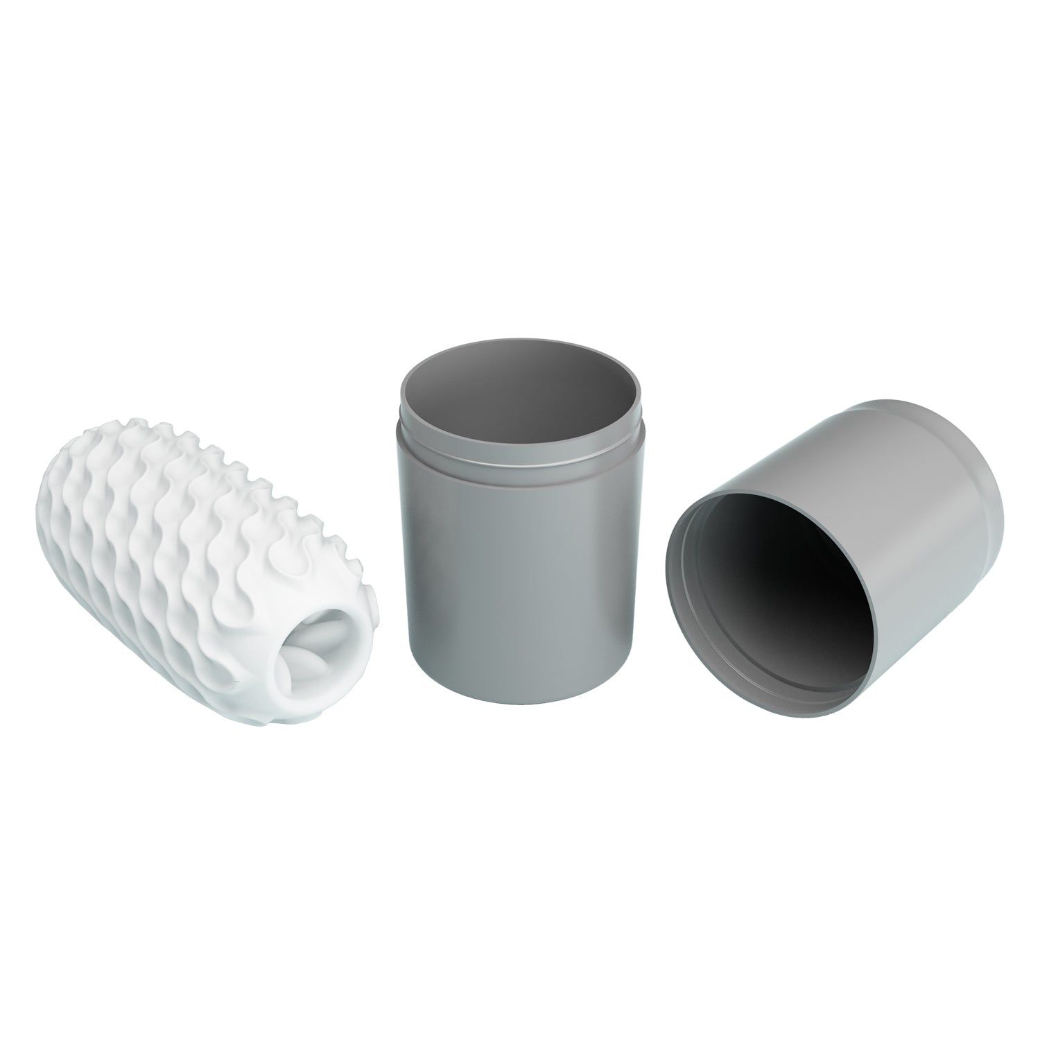 Weißes, längliches Produkt mit wellenförmiger Oberfläche und graue Dose mit Deckel. Dose geöffnet.