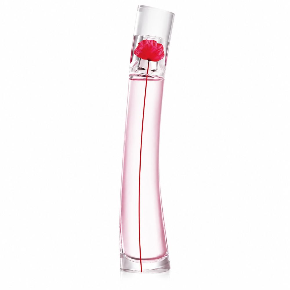 Eine schlanke, gebogene Glasflasche mit rosa Parfüm und einer roten Mohnblume im Inneren.