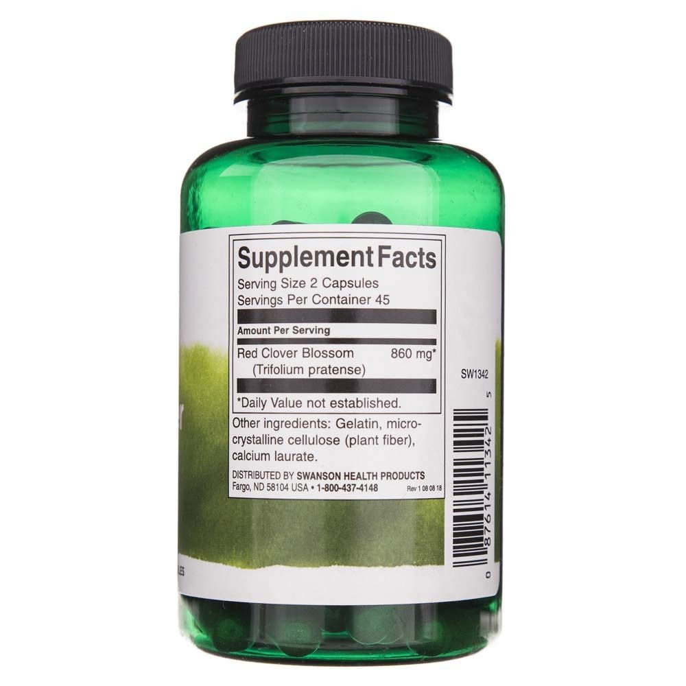 Grüne Kapsel-Flasche mit "Supplement Facts"-Etikett, das Rotklee-Extrakt (860 mg) angibt.