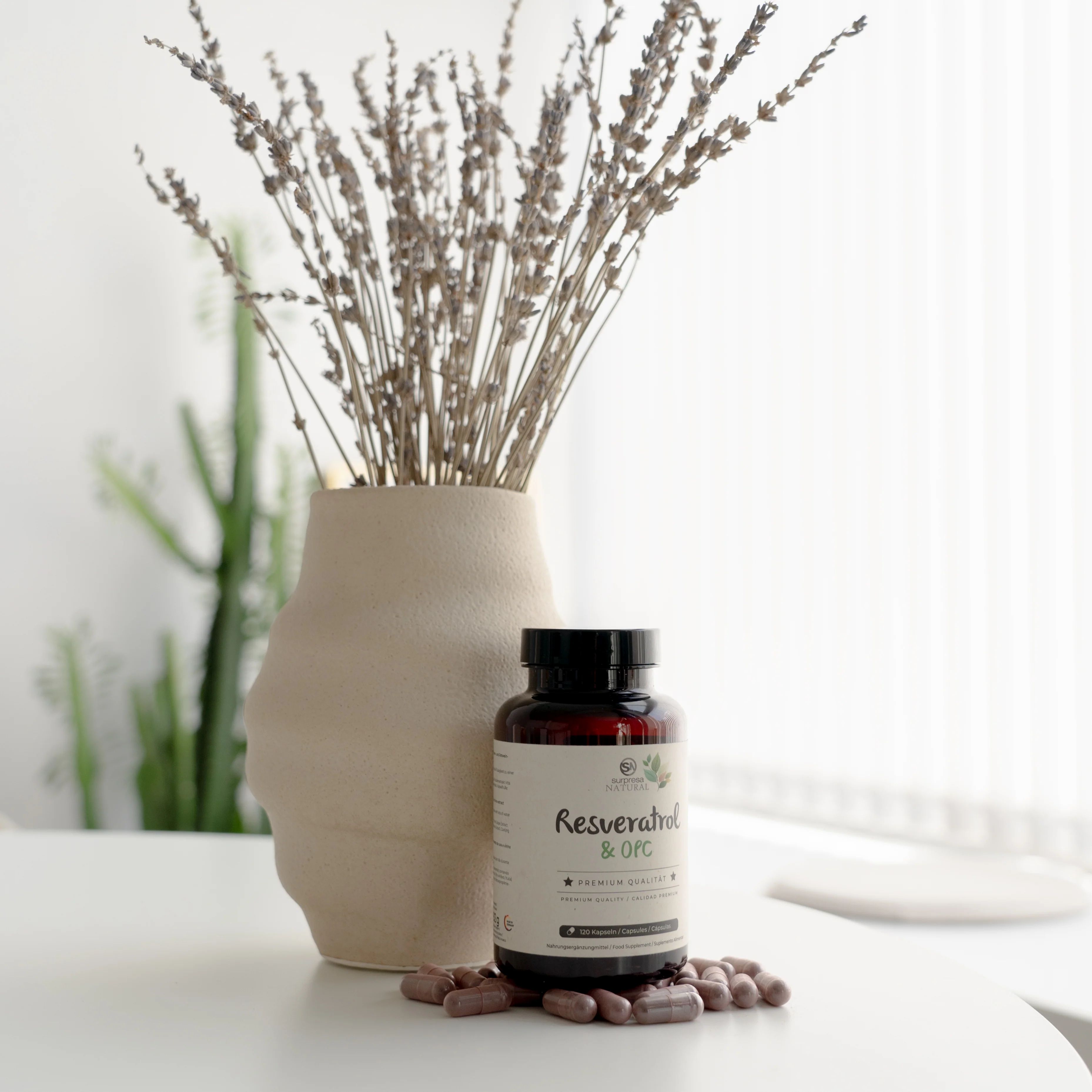Braune Kapseln und eine braune Flasche mit weißem Etikett. Aufschrift: Resveratrol & OPC. Steht vor einer Vase mit getrockneten Blumen.