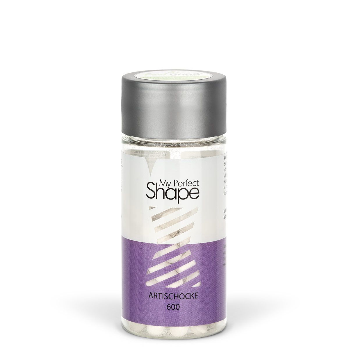 Zylindrische Dose mit silbernem Deckel. Etikett mit "My Perfect Shape" und "Artischocke 600". Weiße Tabletten sichtbar.