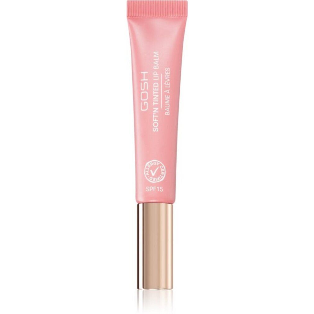Rosa getönter Lippenbalsam in Tube. Aufschrift: GOSH Soft'n Tinted Lip Balm. Mit SPF15 und Vegan-Siegel. Metallfarbener Verschluss.