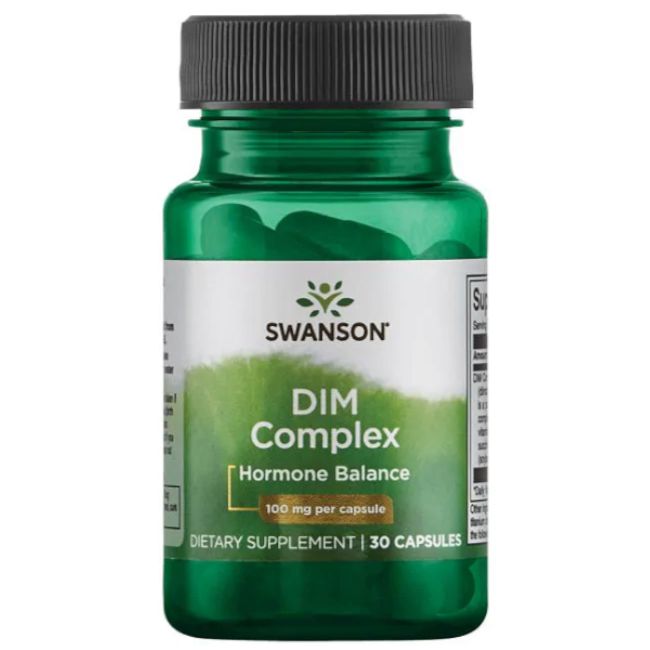 Grüne Flasche mit schwarzen Deckel. Aufschrift: SWANSON DIM Complex, 100 mg pro Kapsel. 30 Kapseln.