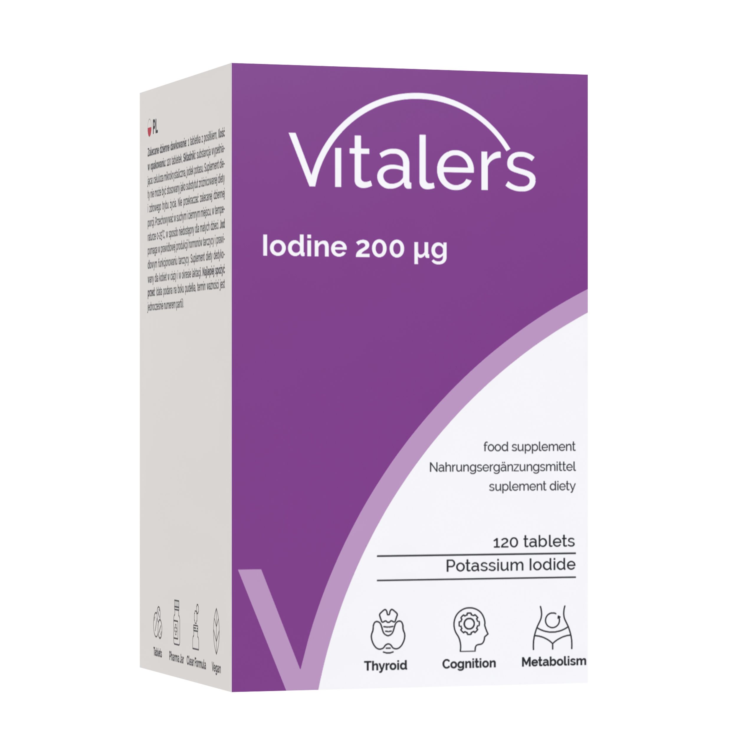 Vitaler's Jod 200 µg: Violette Kartonverpackung mit Produktinformationen und Symbolen für Schilddrüse, Kognition, Stoffwechsel.