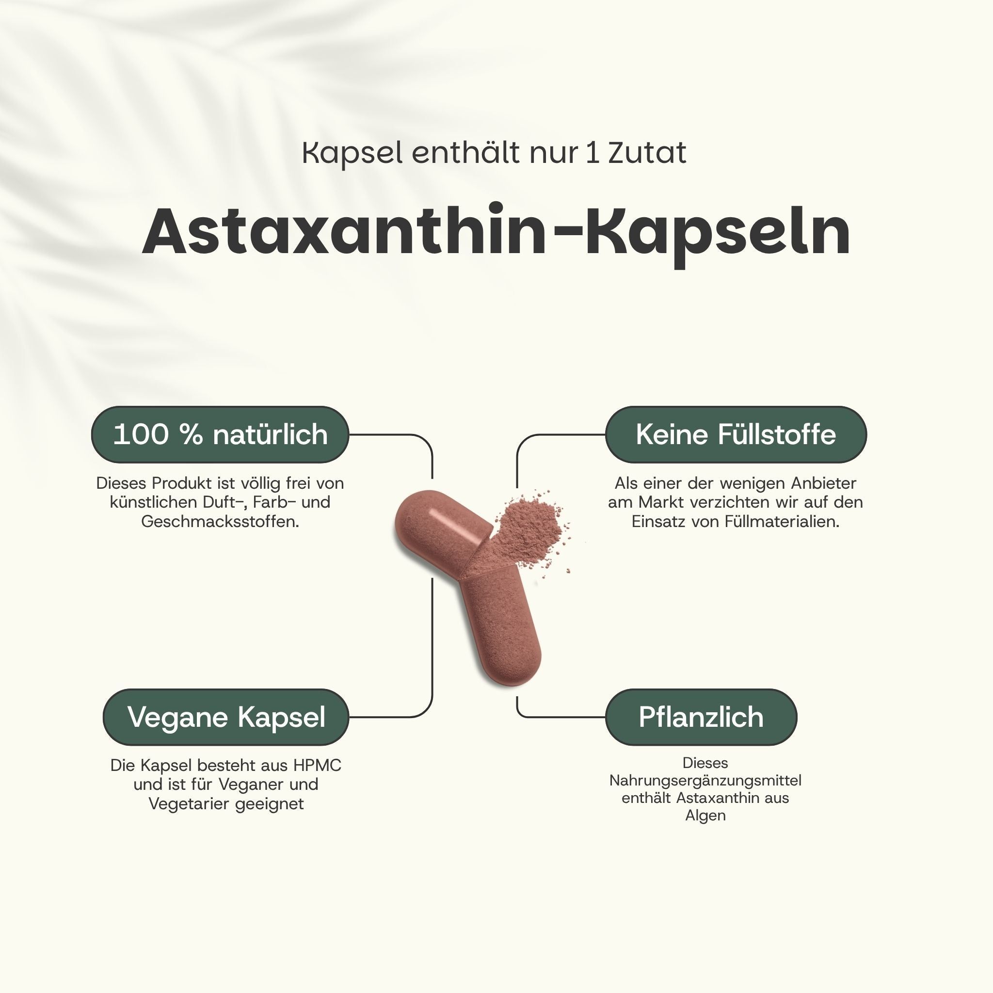 Braune Astaxanthin-Kapsel mit Inhalt. Text: „Astaxanthin-Kapseln“. 100 % natürlich. Vegan. Pflanzlich.