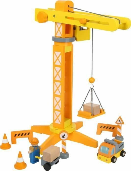 Holzkran mit LKW, Figuren, Verkehrsschildern und Bauteilen.
