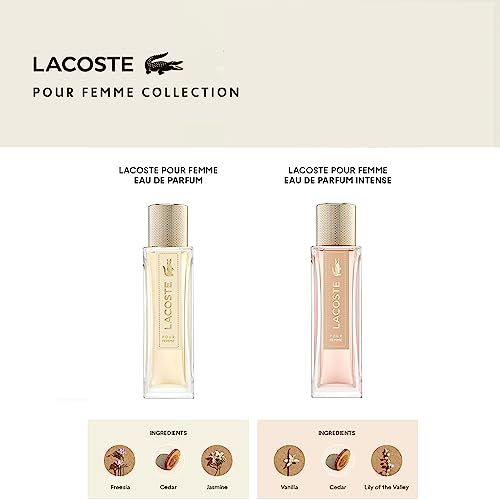 Produktübersicht. Zwei Flakons, einer hell, einer rosa, mit Zutaten-Illustrationen. Lacoste Pour Femme Collection.
