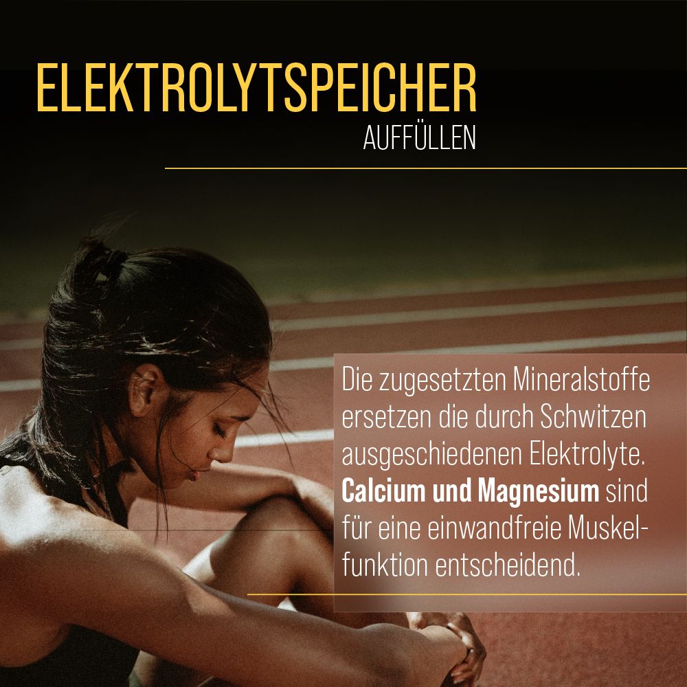 Frau sitzt auf Laufbahn. Text: Elektrolytspeicher auffüllen. Calcium und Magnesium sind entscheidend für Muskelfunktion.