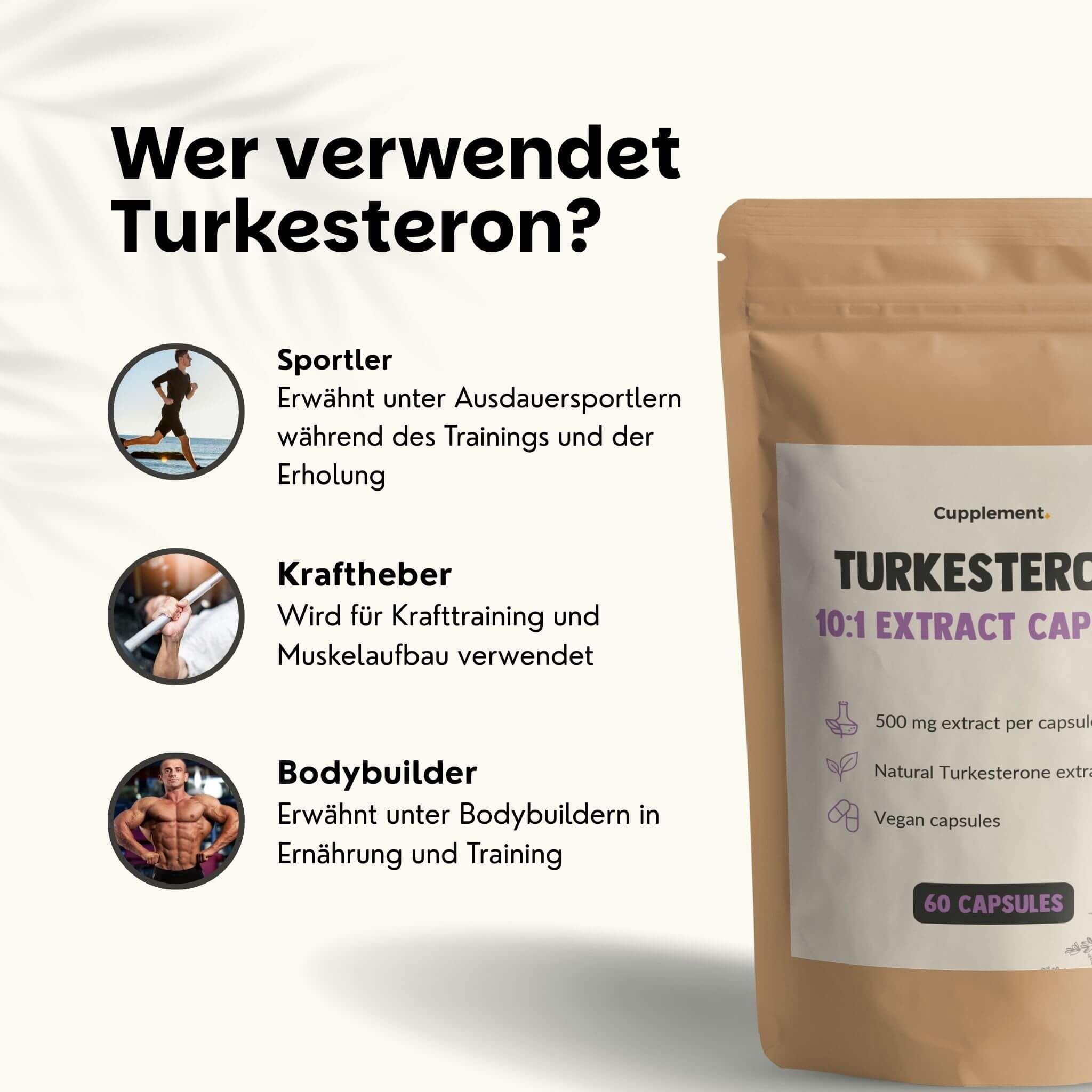 Beutel mit Kapseln. Text: Turkesterone 10:1 Extract Capsules. 60 Kapseln. 500 mg Extrakt pro Kapsel. Athleten, Powerlifter, Bodybuilder.