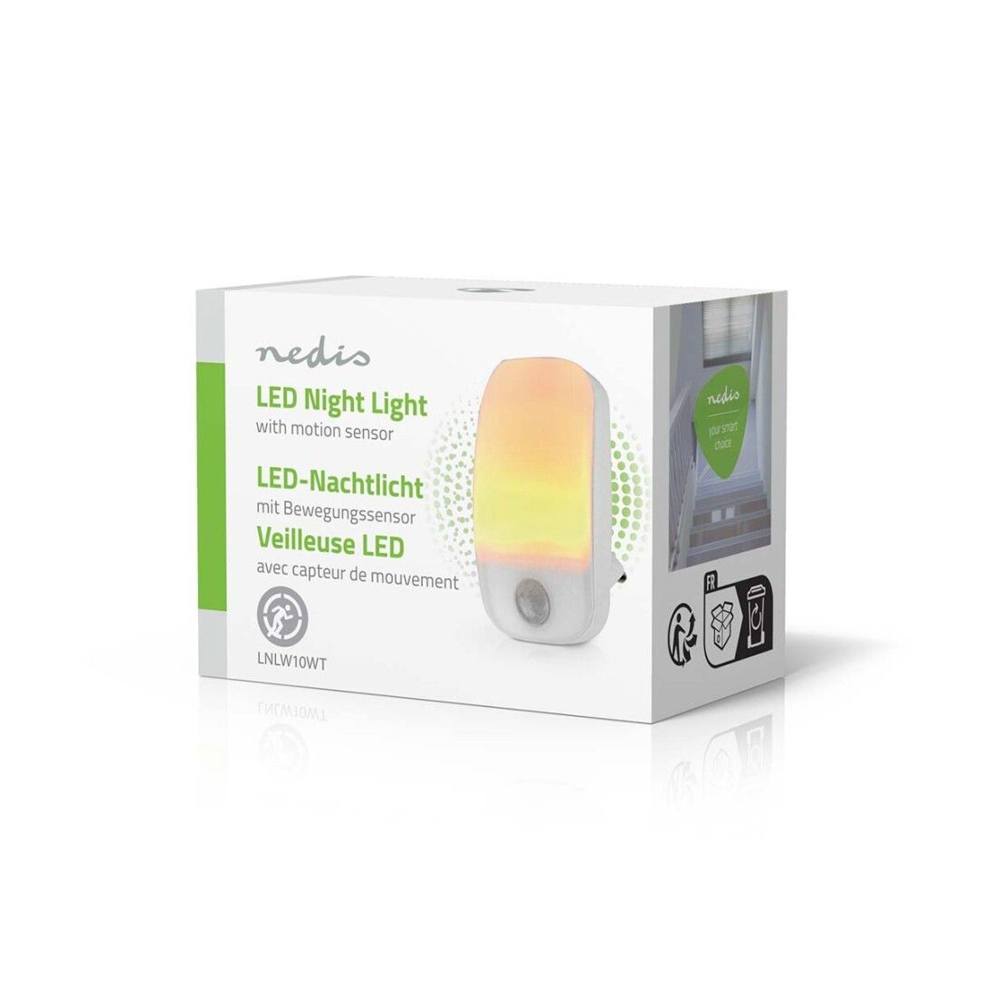 Verpackung für LED-Nachtlicht mit Bewegungssensor. Text: Nedis, LED-Nachtlicht, LED-Nachtlicht, Veilleuse LED.