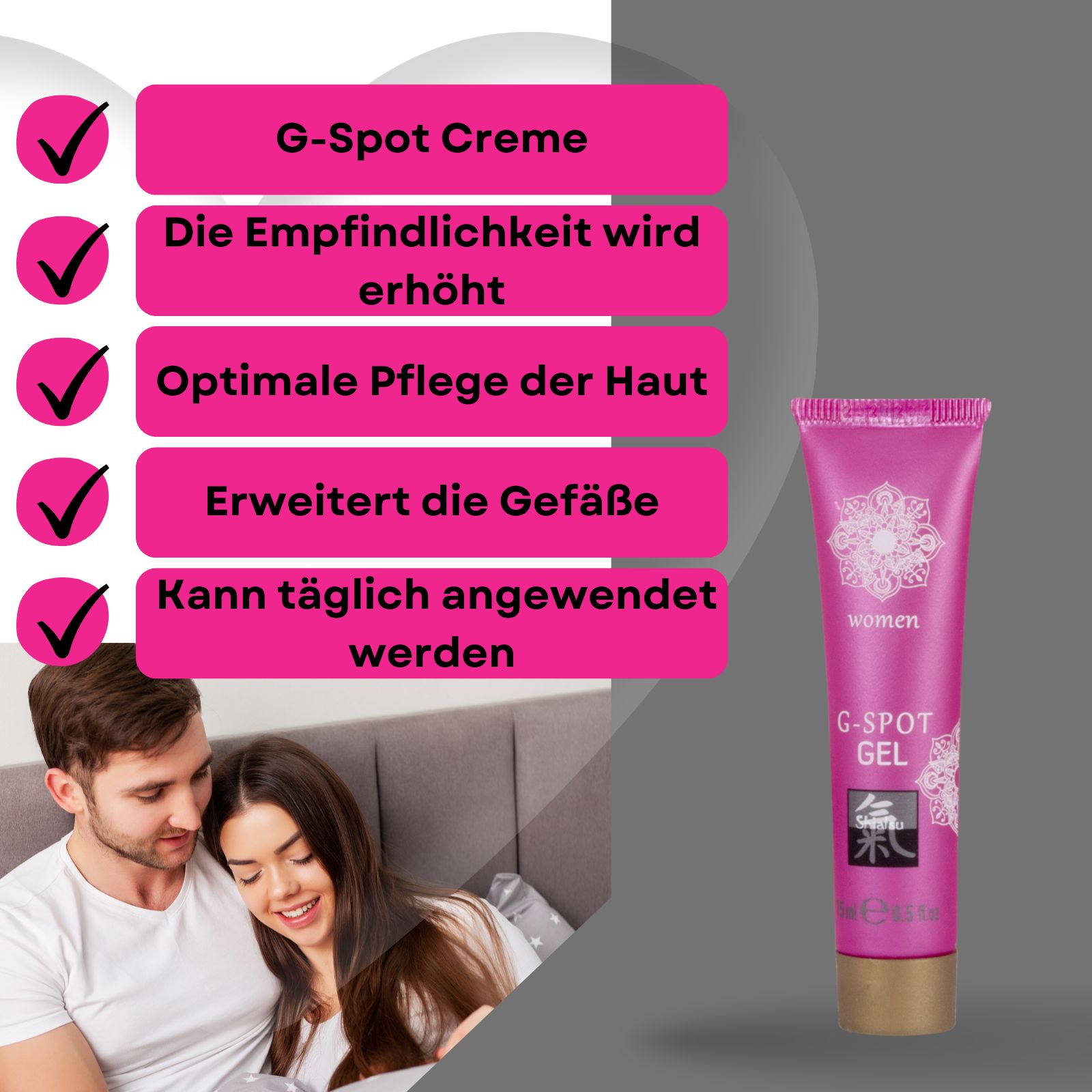 G-Spot Gel, Tube und Verpackung. Verpackung und Tube mit Text. 15ml. Marke: Shiatsu. Paar im Hintergrund.