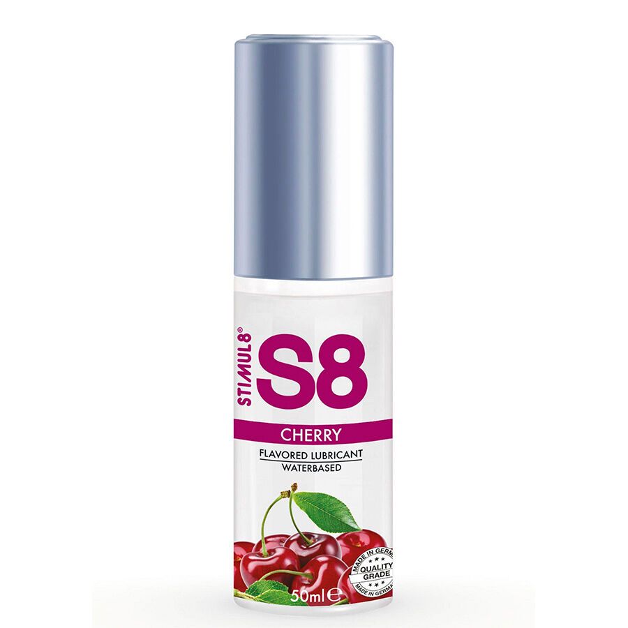 Zylindrische Flasche mit silbernem Deckel. Aufkleber mit "S8", "Cherry", Kirschabbildung und "50ml". Wasserbasiert.