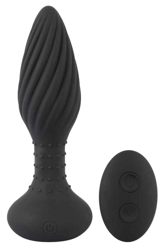 Schwarzer Anos RC Butt Plug mit geriffelter Spitze und Noppen am Schaft. Inklusive Fernbedienung mit zwei Knöpfen.