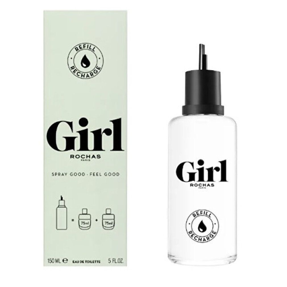 Produktverpackung und Flakon. Verpackung: Grün, Text "Girl", "ROCHAS PARIS", "REFILL RECHARGE". Flakon: Klar, "Girl", "REFILL RECHARGE".