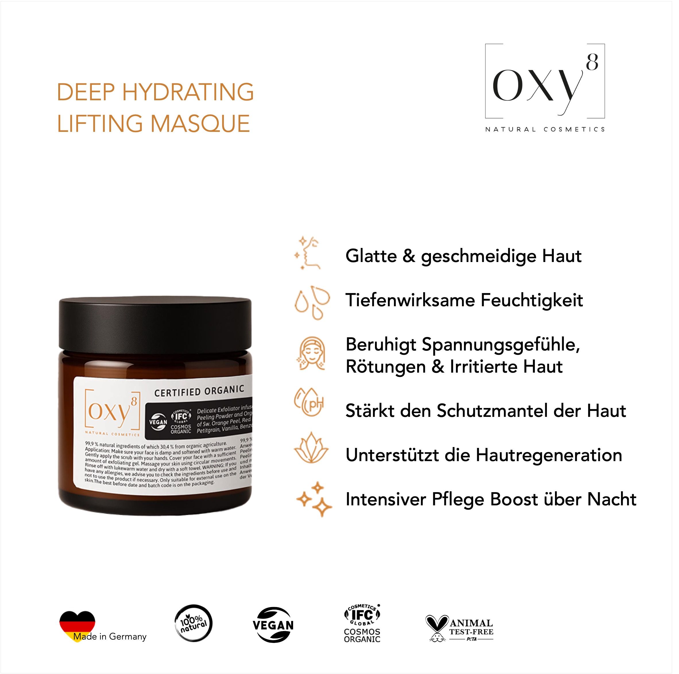 Braune Tiegel mit schwarzem Deckel. Aufschrift: oxy8, DEEP HYDRATING LIFTING MASQUE. Zertifiziertes Bio-Siegel. Text mit Produktvorteilen.
