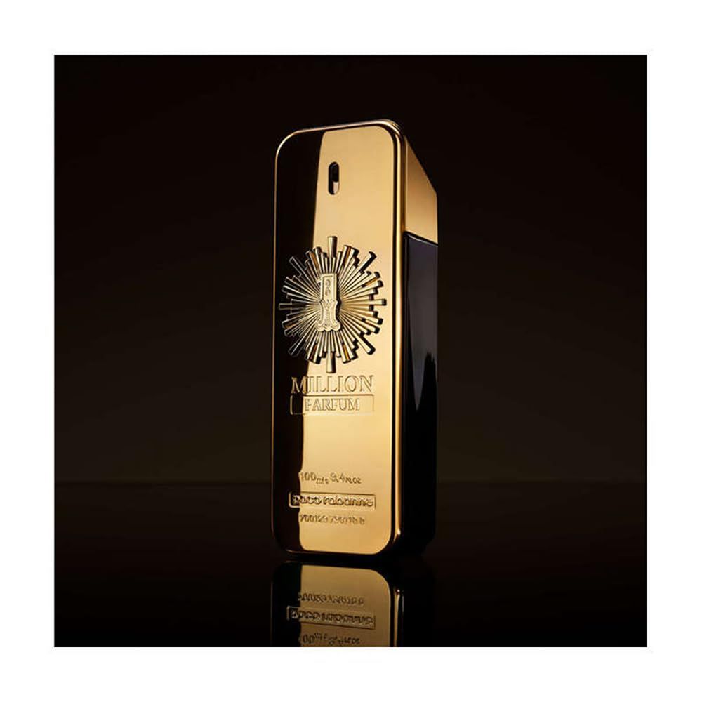 Goldfarbener Flakon. Aufschrift "1 Million Parfum". Auf schwarzem Hintergrund.
