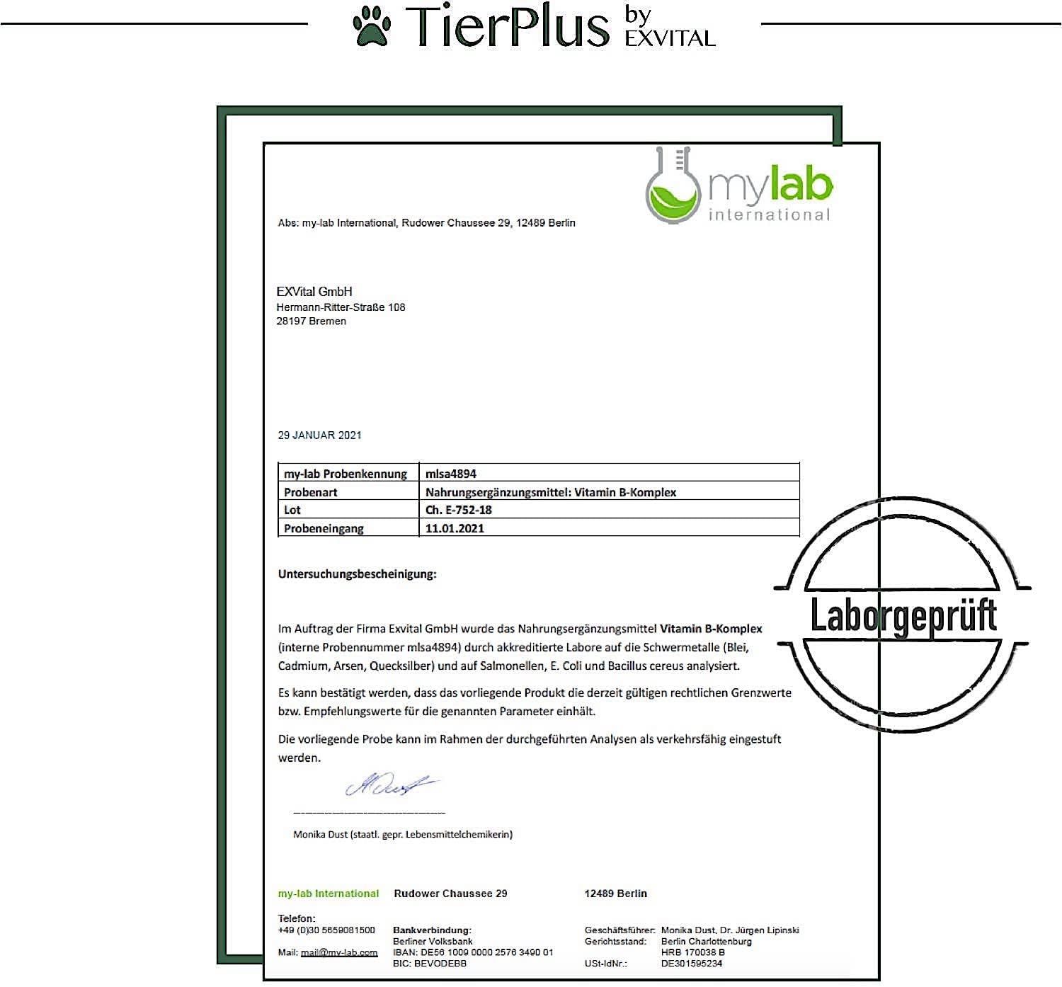 Laborbericht für EXVital Vitamin B Komplex Tabletten für Hunde & Katzen.