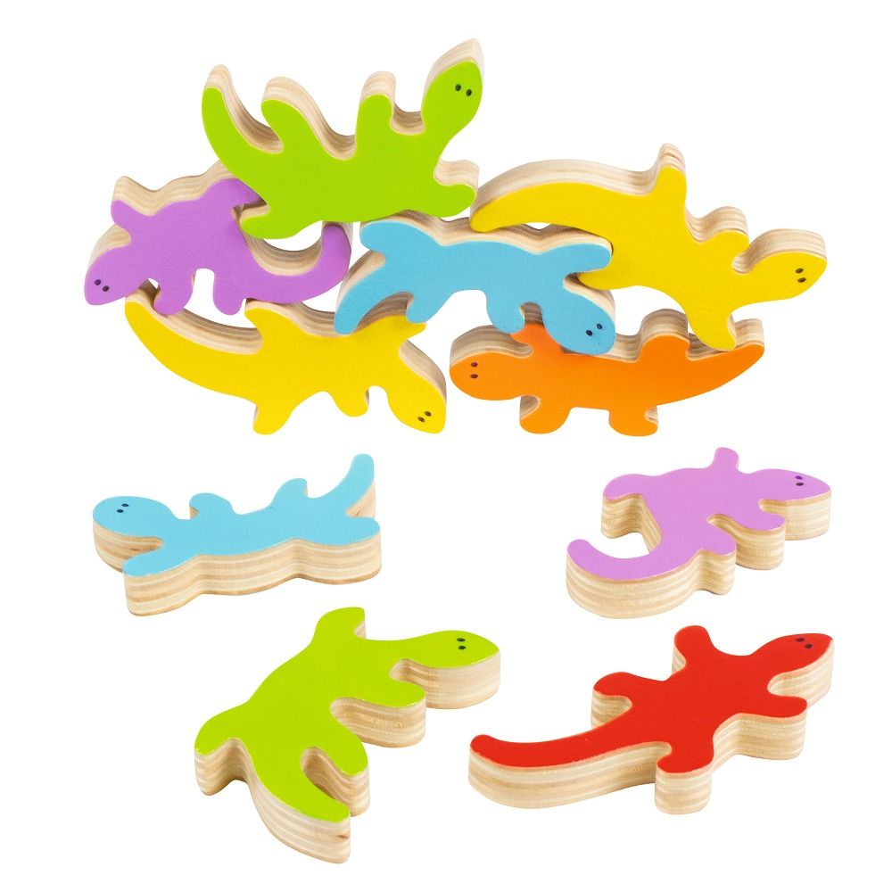 Acht farbige Holz-Echsen liegen auf einer Holzoberfläche. Verschiedene Farben.