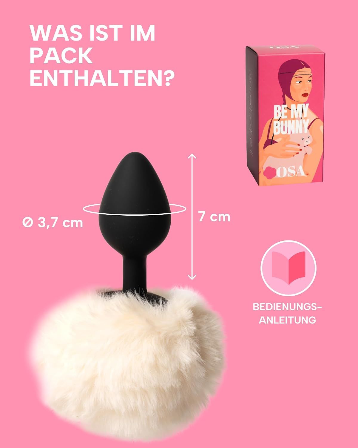 Schwarzer Butt Plug mit weißem Kunstfell-Schwanz und Verpackung.