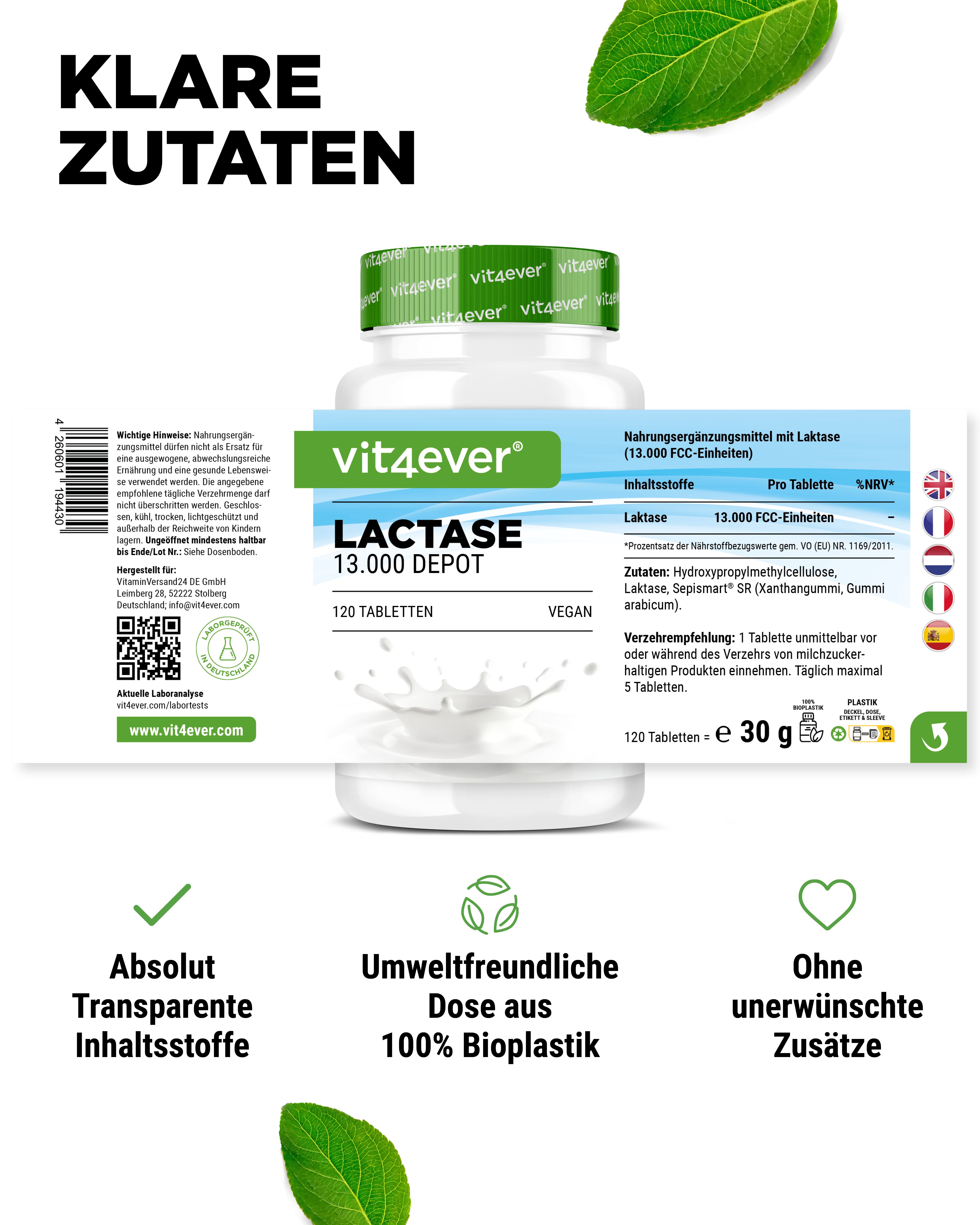 Tablettenfläschchen mit grünem Deckel. Aufschrift: Laktase 13.000 Depot. 120 Tabletten. Vegan. Etikett mit Nährwertangaben und mehrsprachigen Texten.