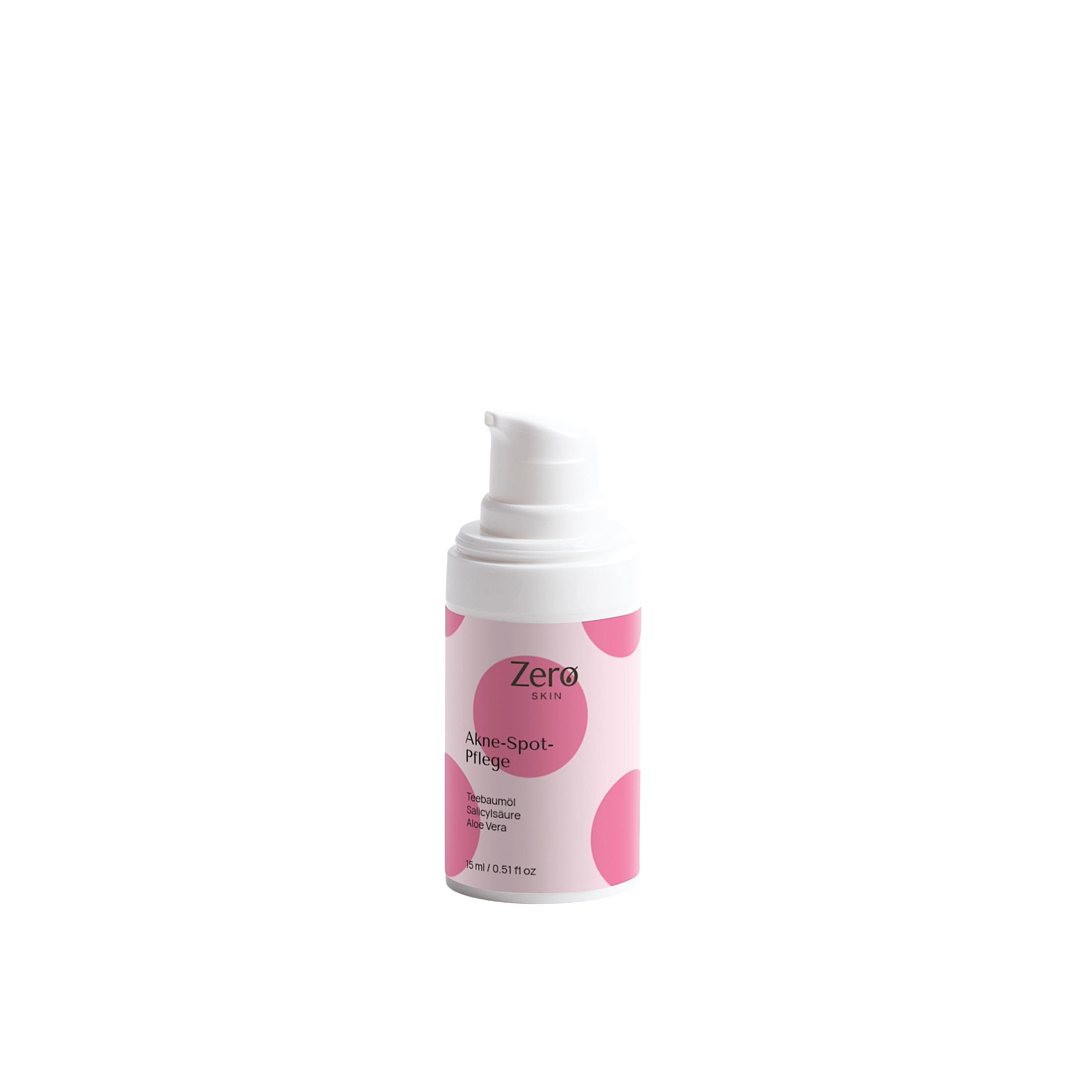 Zero Skin Akne-Spot-Pflege Flasche mit Pumpspender und rosa Tupfen.