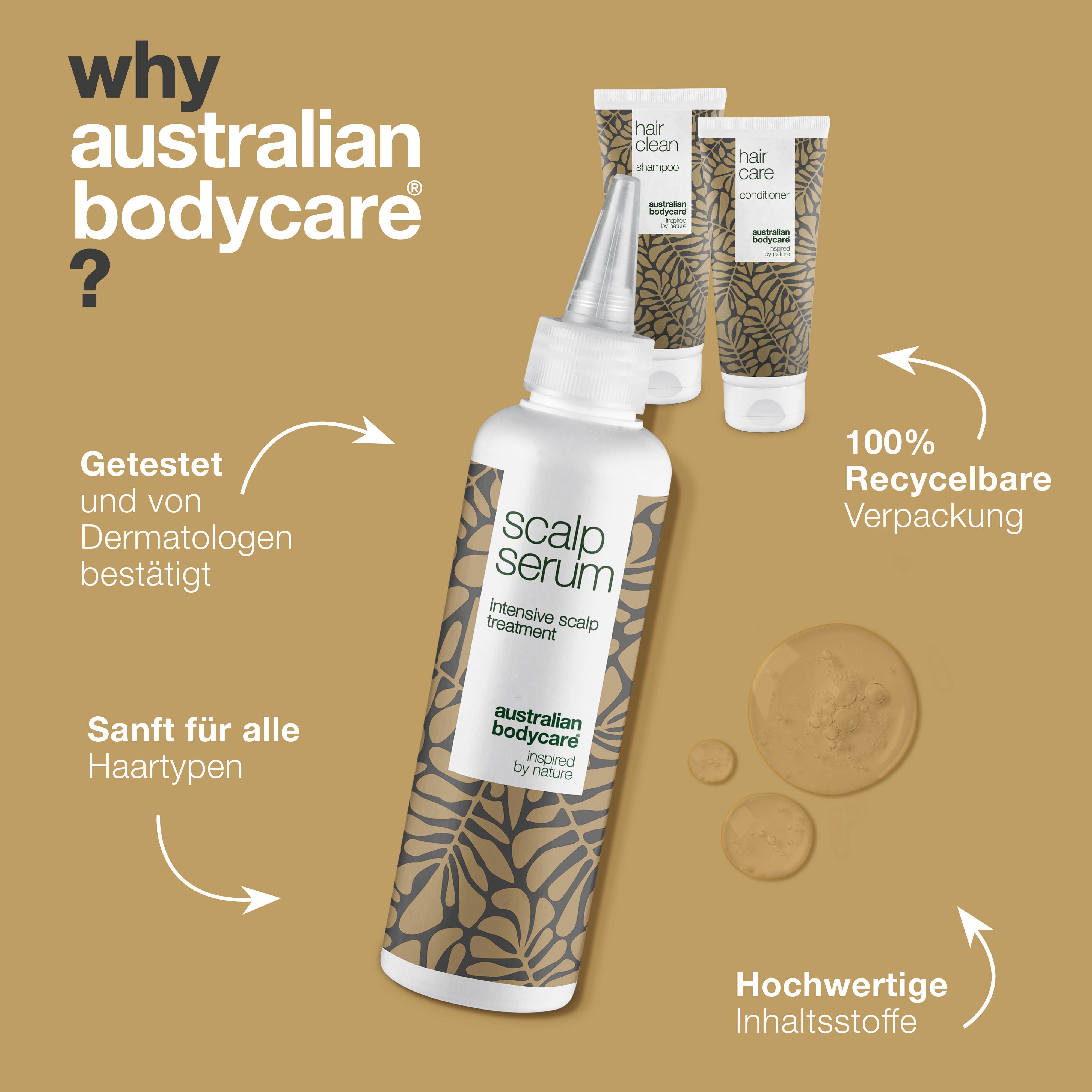 Warum Australian Bodycare? Shampoo, Conditioner und Serum. Weiße Flaschen mit braunem Blattmuster. Australian Bodycare.