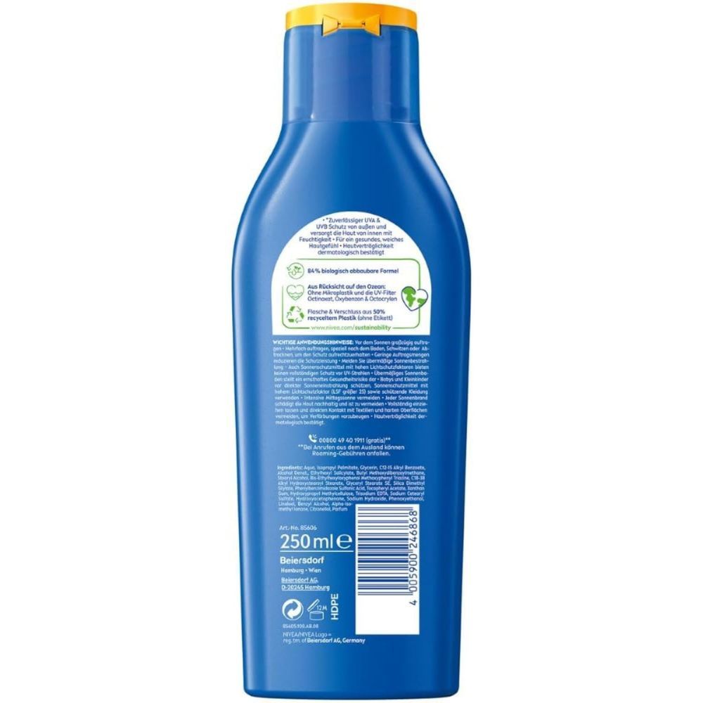 Rückseite der blauen Sonnenmilchflasche. Texte und Logos. Inhaltsangaben, Herstellerinformationen, Barcode.