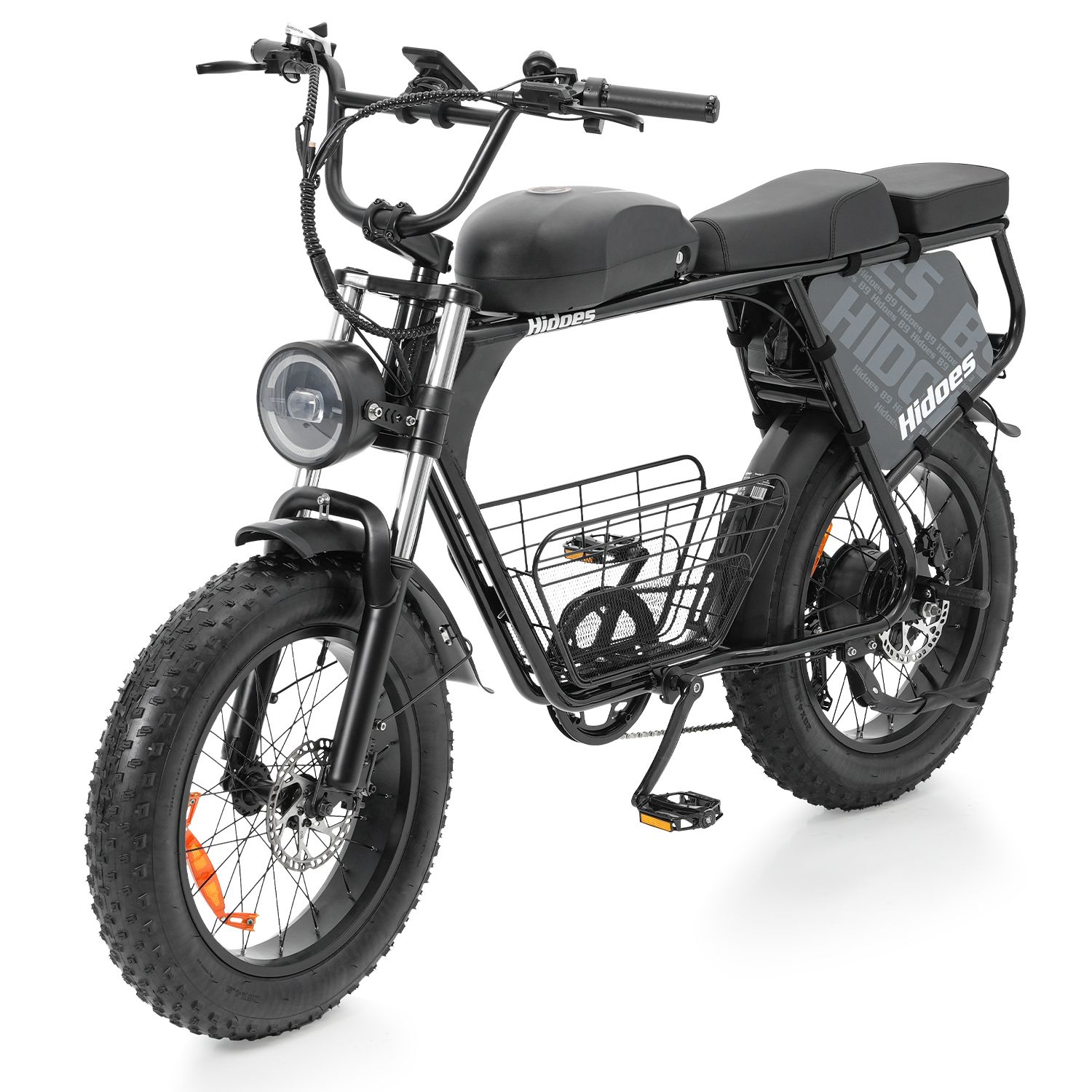 Schwarzes Elektro-Dirtbike mit Frontscheinwerfer, Korb und Gepäckträger. Marke Hidoes.