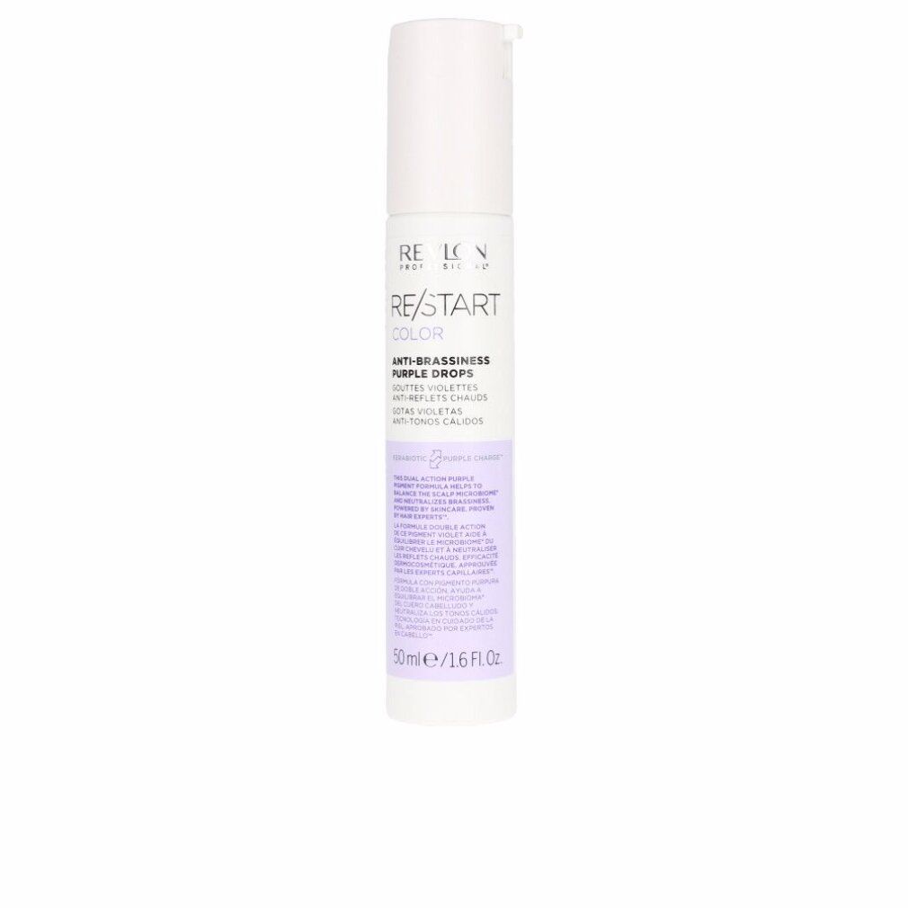 Weiß-lila Flasche. Aufschrift: Revlon Re-Start Color Anti-Brassiness Purple Drops. 50ml/1.6 fl.oz.