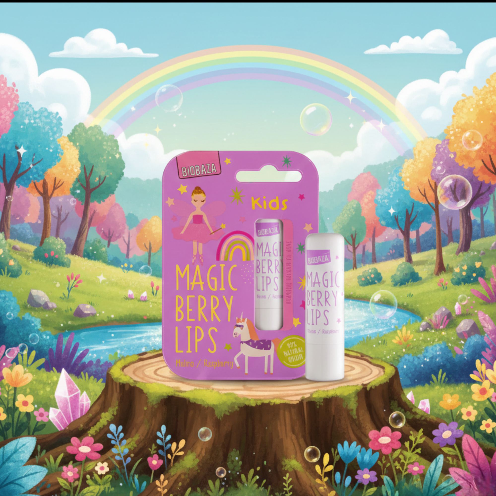 Verpackung mit zwei Lippenbalsam. Aufschrift: Magic Berry Lips. Abbildung: Einhorn, Regenbogen, Fee. Hintergrund: Landschaft mit Regenbogen.