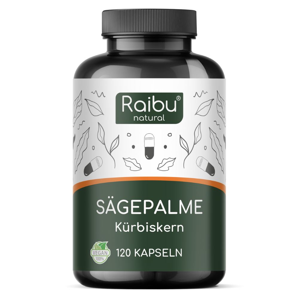 Schwarze Flasche mit weißem Etikett. Aufschrift: Sägepalme, Kürbiskern, 120 Kapseln. Vegan-Siegel.
