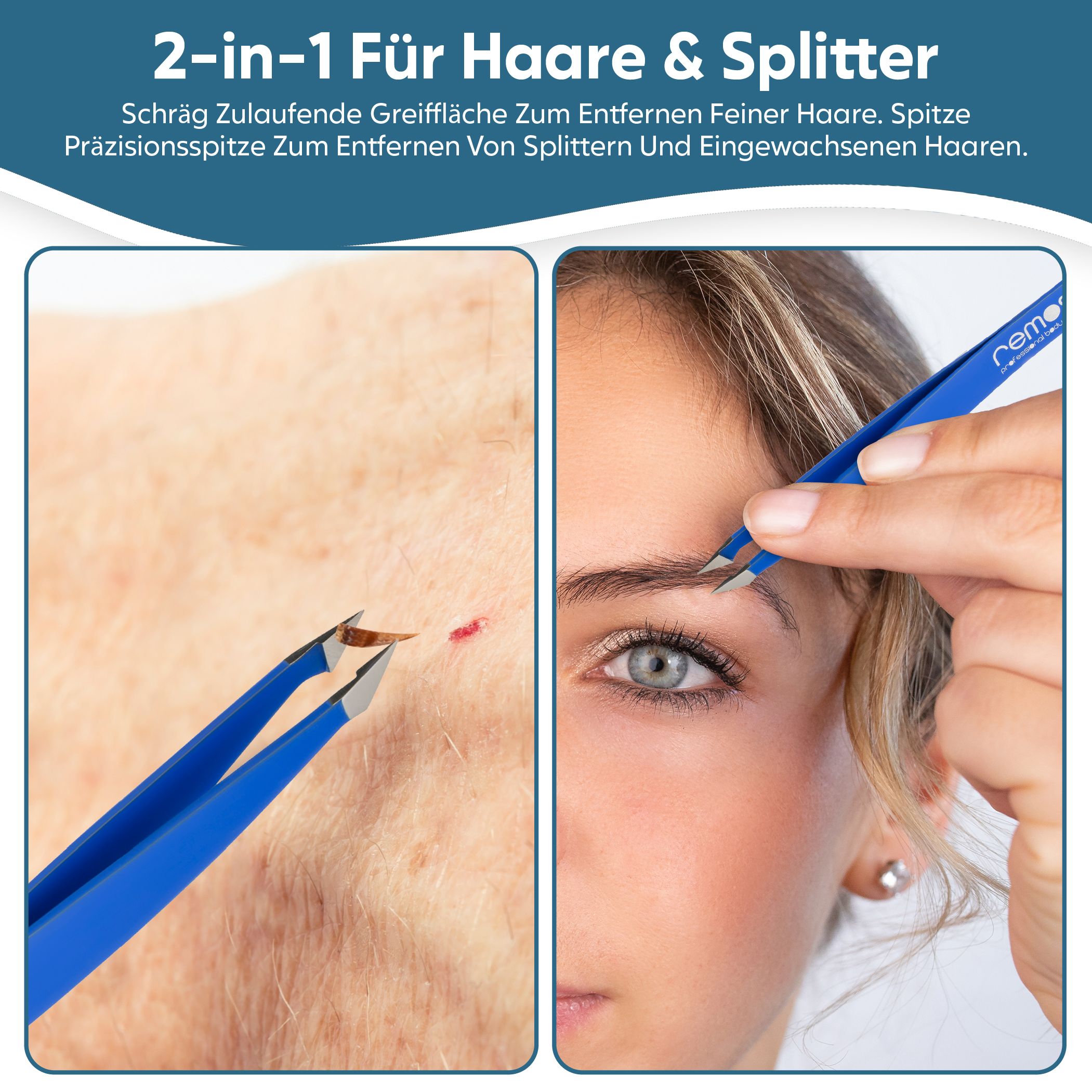 Blaue Pinzette mit schräger und spitzer Präzisionsspitze, die feine Haare und Splitter entfernt.