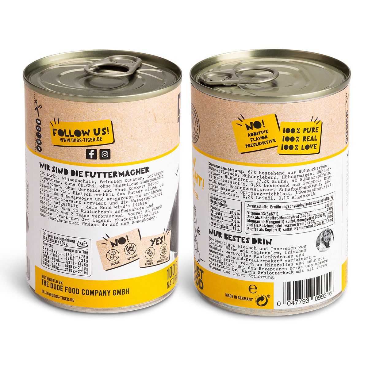 Zwei Dosen Hundefutter. Auf der linken Dose sind Informationen über das Produkt und das Logo "DOGS-TIGER" zu sehen. Die rechte Dose zeigt Nährwertangaben.