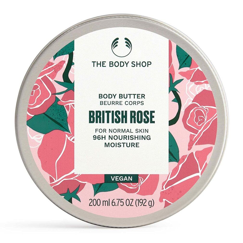 Runde Dose mit floralem Muster und Produktinformationen. Aufschrift: British Rose Body Butter, vegan, 200 ml.