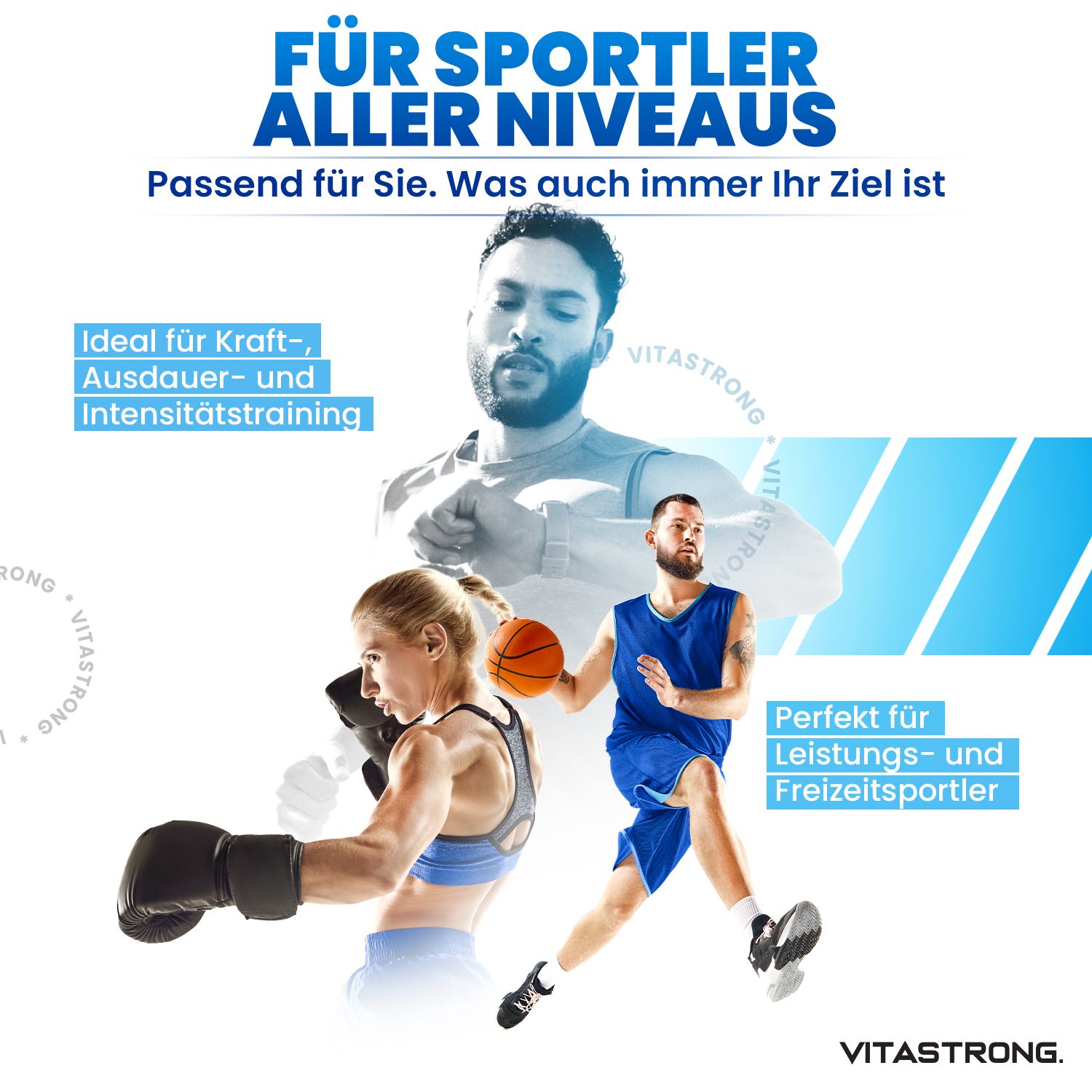 Sportler verschiedener Disziplinen. Text: Für Sportler aller Niveaus. Ideal für Krafttraining.