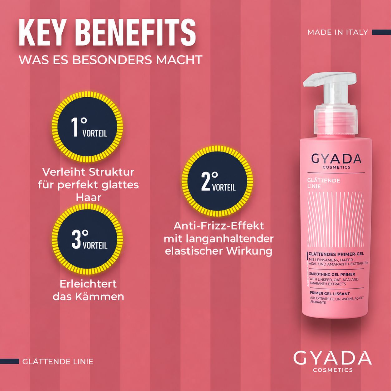 Eine rosa Flasche mit Pumpspender, die als glättendes Primer-Gel mit Linsen-, Hafer-, Acai- und Amaranth-Extrakten gekennzeichnet ist.