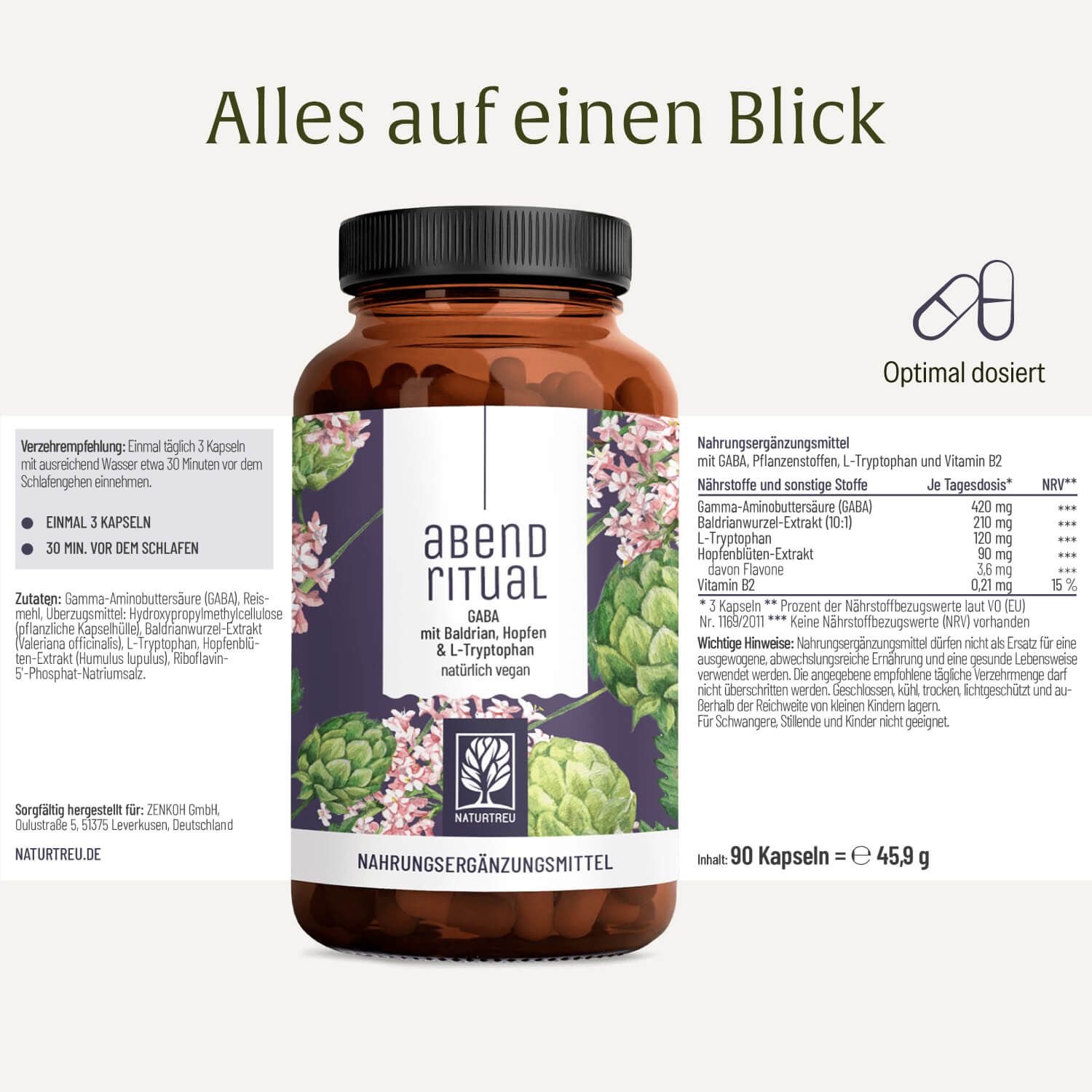 Flasche ABENDRITUAL mit GABA, Baldrian, Hopfen, L-Tryptophan. NATURTREU®.