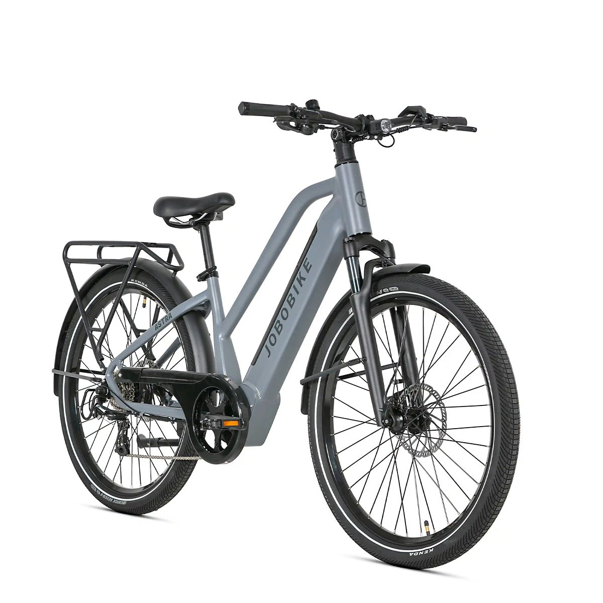 Graues JOBOBIKE Astra E-Bike. Schwarze Reifen, Schutzbleche und Gepäckträger. JOBOBIKE-Logo am Rahmen.