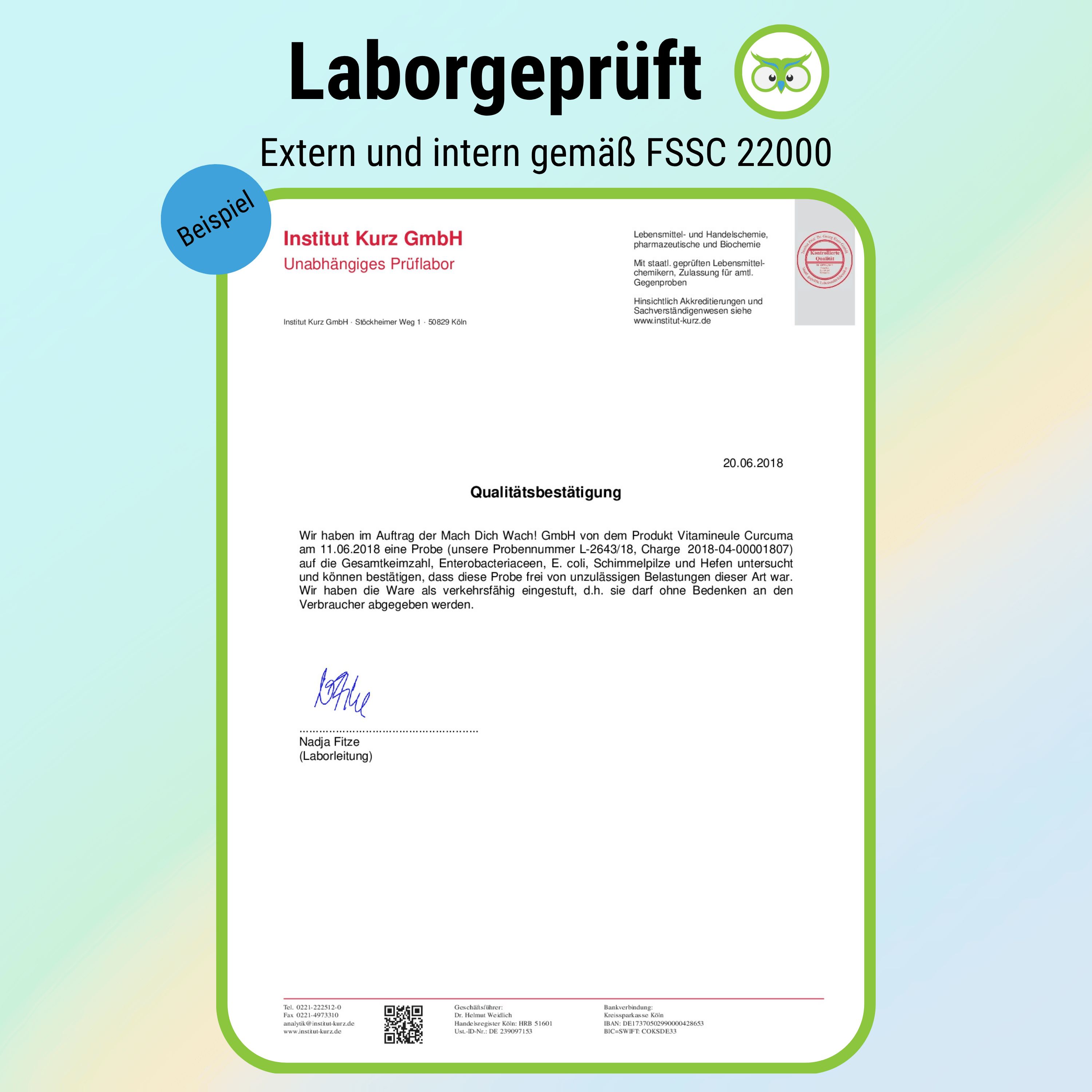 Laborzertifikat. Institut Kurz GmbH. Unabhängiges Prüflabor. Bestätigung der Qualitätsbestätigung. FSSC 22000.