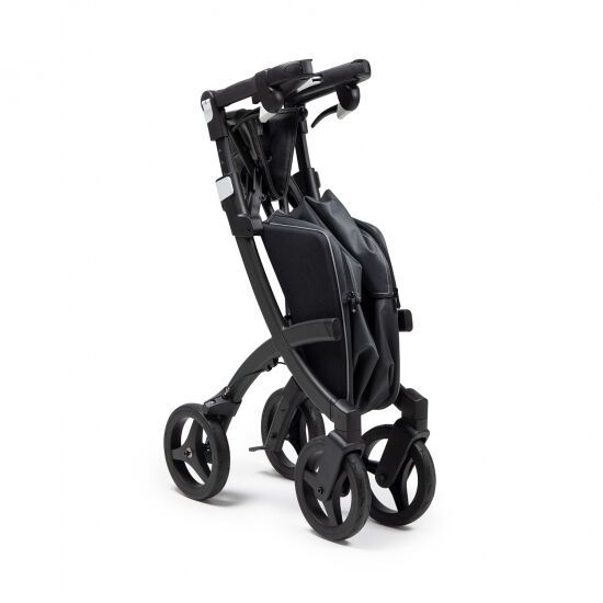 Rollz Flex 2.0 Rollator, zusammengeklappt, schwarzes Design, vier Räder.