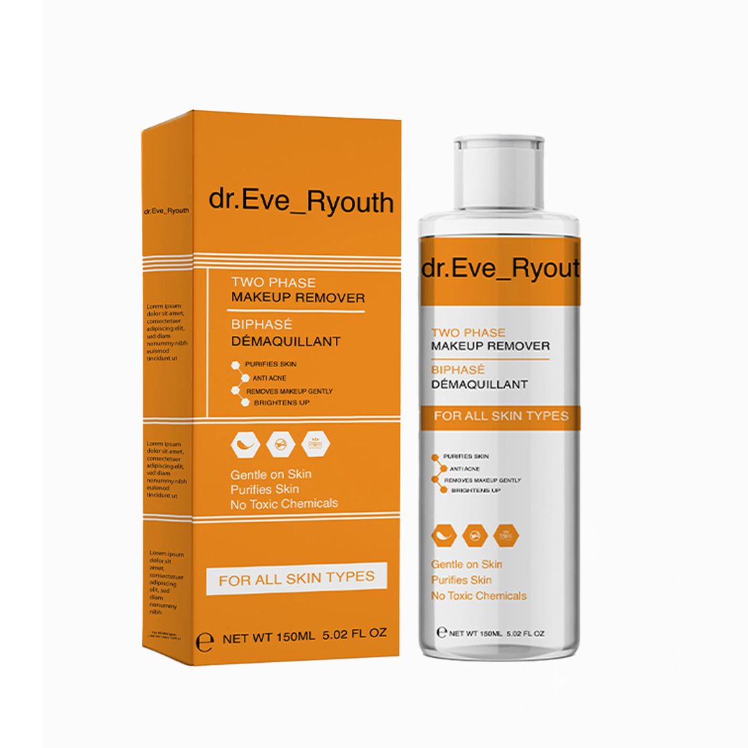 Produktverpackung und Flasche. Aufschrift: Dr. Eve_Ryouth, Two Phase Makeup Remover. Orangefarbene Box mit Produktinformationen.