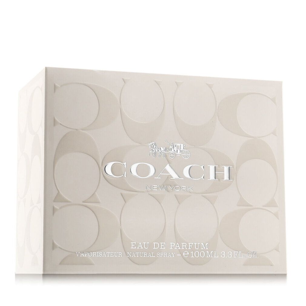 Verpackung für Eau de Parfum. Rechteckige Box mit Logo-Muster. Marke: Coach New York. Text: Eau de Parfum.