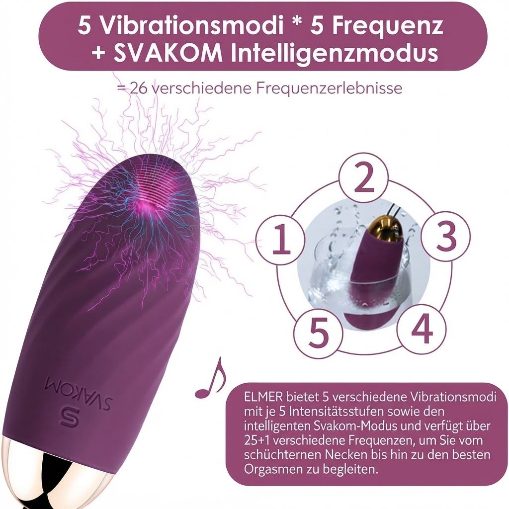Lila Vibrator mit 5 Vibrationsmodi, 5 Frequenzen und SVAKOM Intelligenzmodus.
