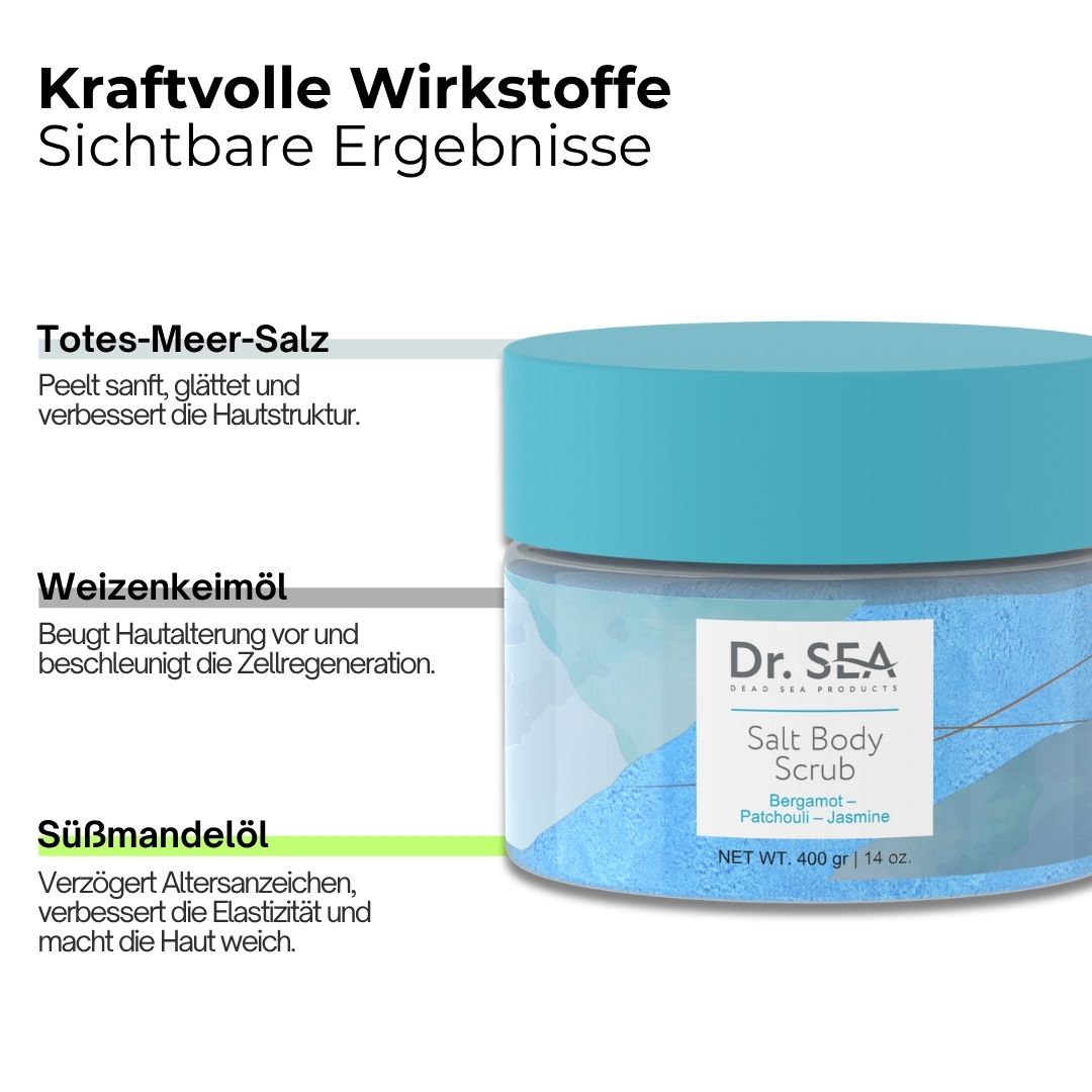 Produkt mit Text: Kraftvolle Wirkstoffe. Totes-Meer-Salz, Weizenkeimöl, Süßmandelöl. Produktname sichtbar.