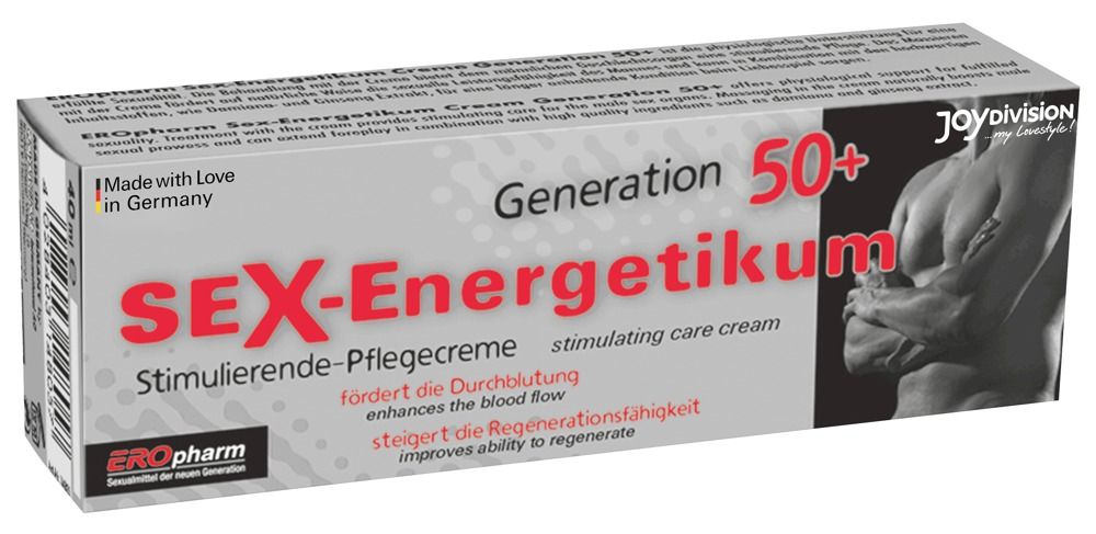 Produktverpackung mit Produktnamen und Aufschrift "Generation 50+". Graue Schachtel mit Abbildung eines Oberkörpers.