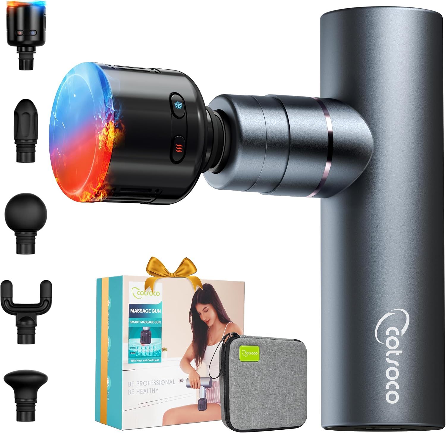 Massagepistole mit mehreren Aufsätzen, Geschenkbox und Tragetasche.