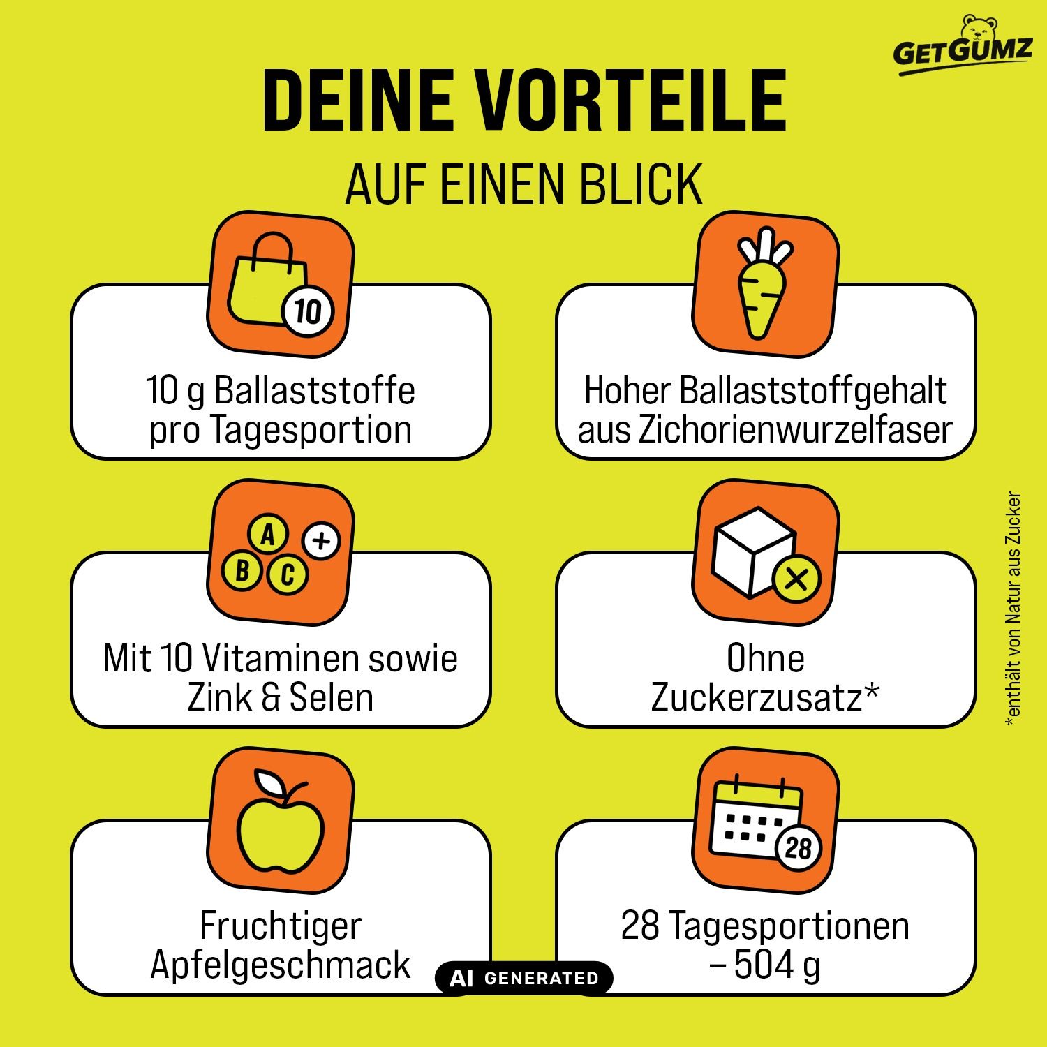 GetGumz Ballaststoff Gummibärchen: 10g Ballaststoffe, Zichorienwurzelfaser, 10 Vitamine.