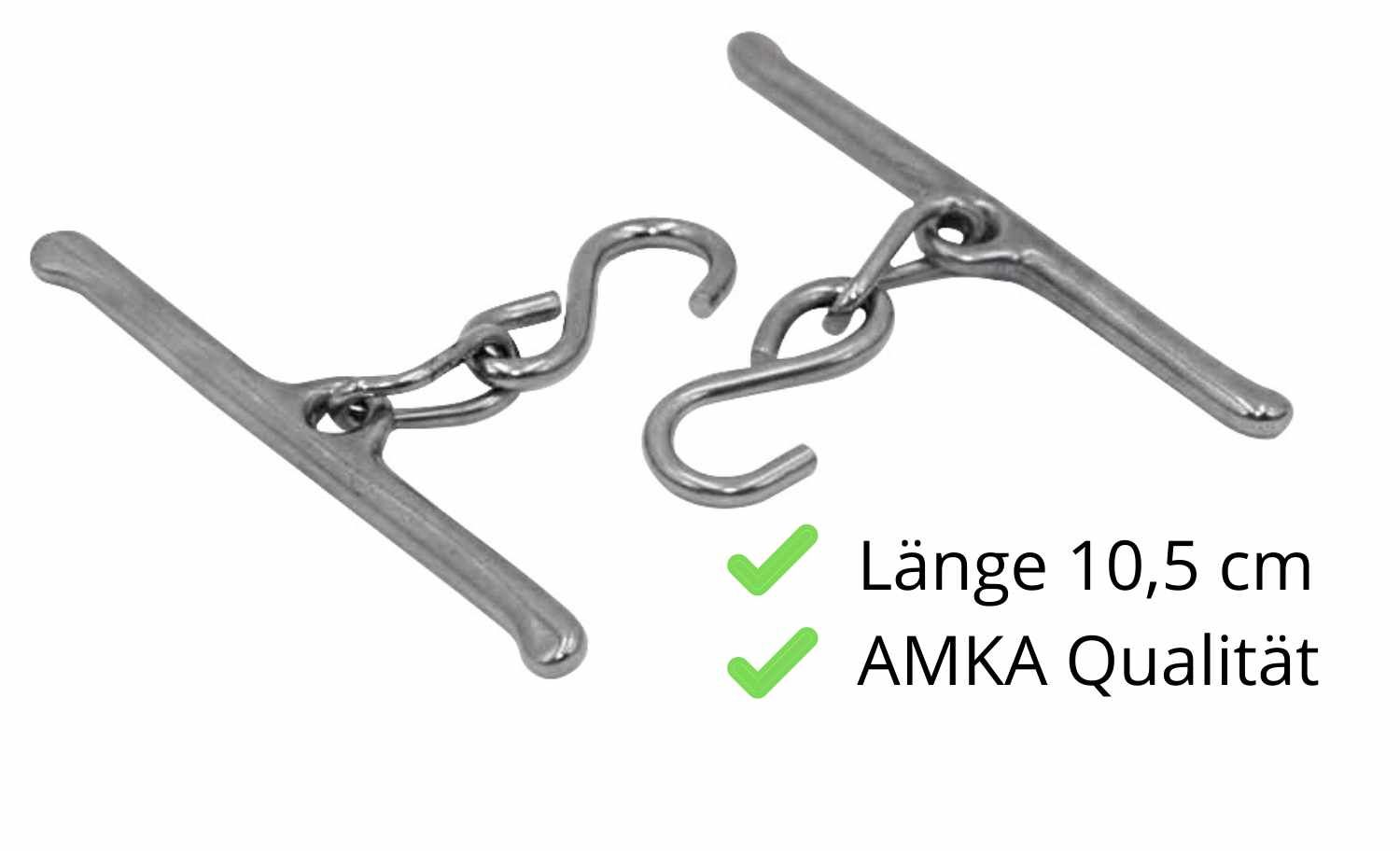 Zwei Metallteile. Länge 10,5 cm. AMKA Qualität. S-Haken und T-förmige Enden.