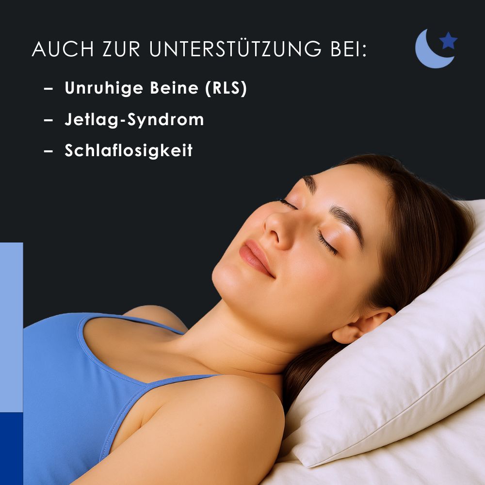 Frau schläft auf Kissen. Text: Auch zur Unterstützung bei: Unruhige Beine, Jetlag-Syndrom, Schlaflosigkeit.