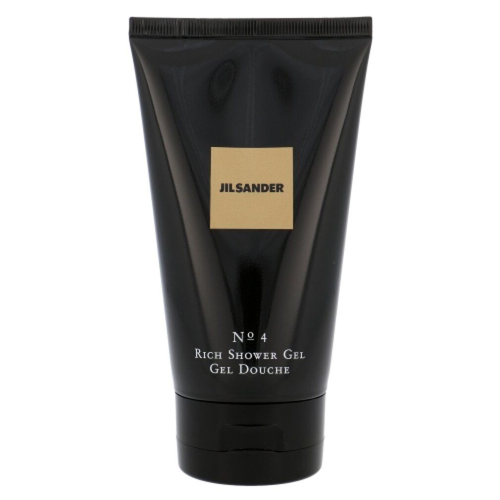 Schwarze Tube mit goldfarbenem Etikett. Aufschrift: Jil Sander No.4 Rich Shower Gel.